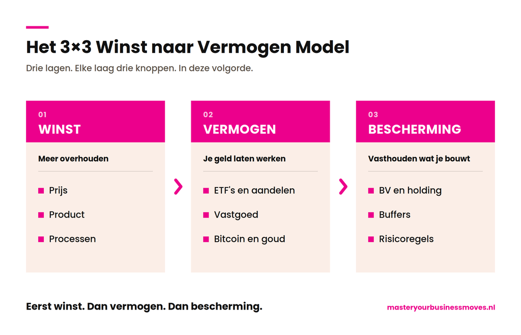 het Van Winst naar Vermogen model met drie pijlers: winst, vermogen en bescherming, elk met drie elementen